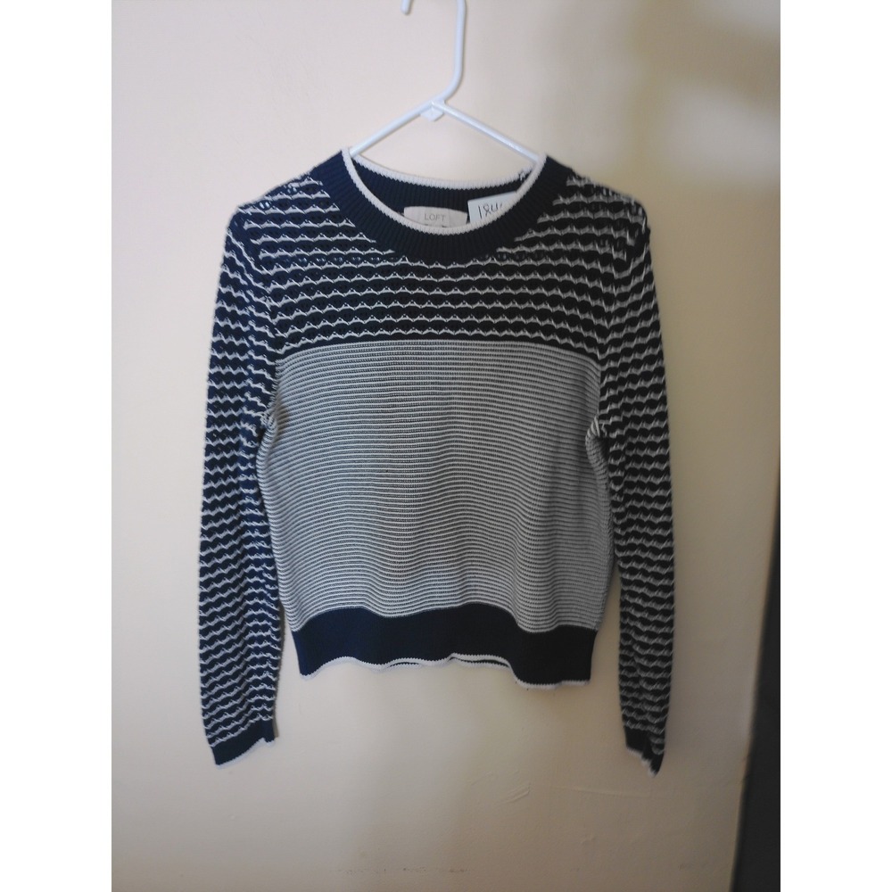 LOFT Sweater Women Large Navy White Striped Mixed Stitch Coastal Academia Fisher